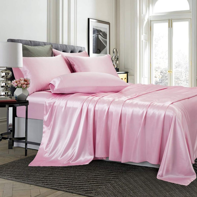 TREELY 6 Piece Queen Size Pink Satin Sheet Set with Deep Pocket, Fitted Sheet, Flat Sheet, 4 Pillowcases - Image 2